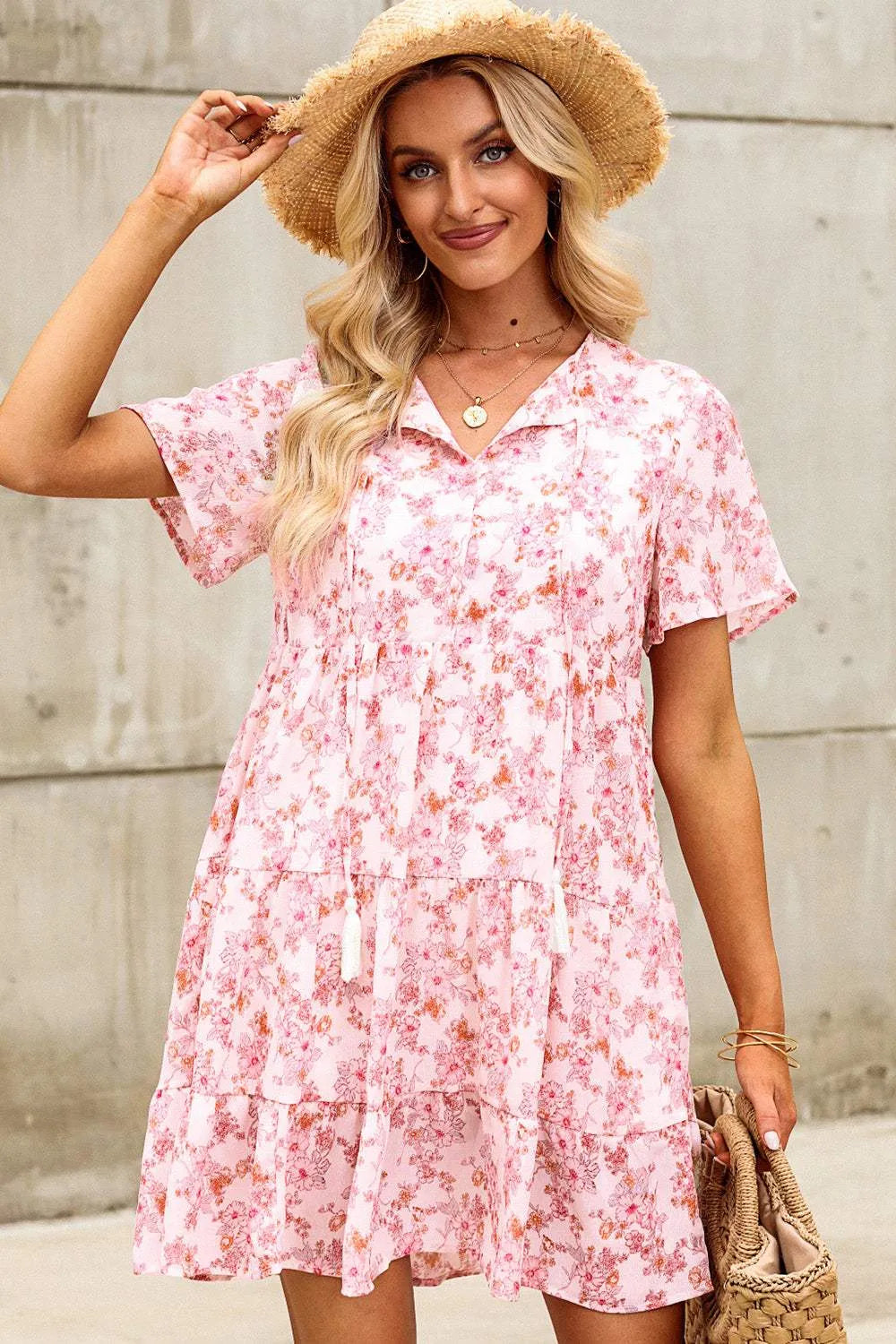 Tie Neck Tiered Mini Dress Blush Pink Casual Dresses - Tophatter Daily Deals